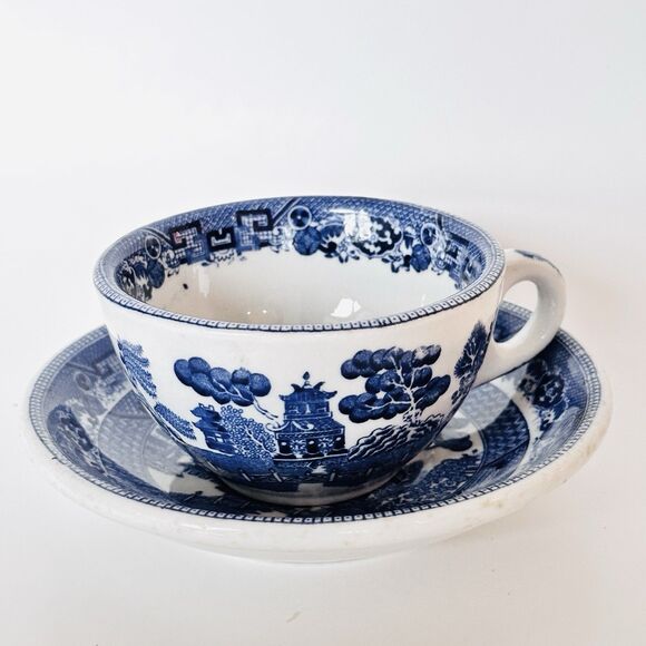 Vintage 40s Buffalo China Blue Willow Coffee Cup & Saucer Restaurant Ware China - Picture 6 of 14